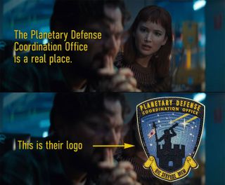 NASA's real patch for its Planetary Defense Coordination Office is highlighted in "Don't Look Up," anchoring the film's satire and black comedy in reality.