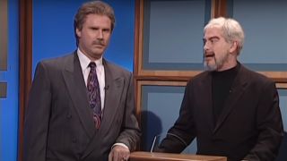 Will Ferrell grimaces at Darrell Hammond's laughing on Saturday Night Live.