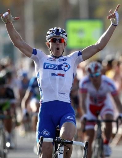 Arnaud D&eacute;mare (FDJ-BigMat) celebrates victory in Doha.