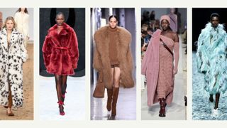 A composite of models on the runway showing coat trends 2023 faux fur