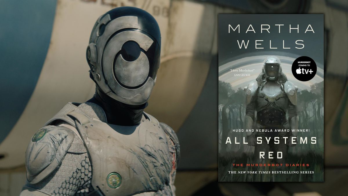 Murderbot from the Apple TV show, shown alongside the cover for the first Murderbot Diaries book.