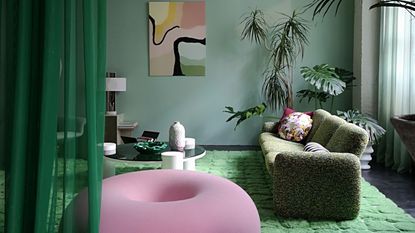 A neon green and pink living room
