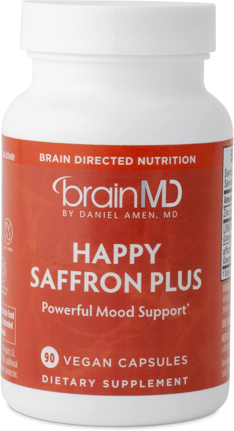 Brainmd Dr Amen Happy Saffron Plus - 90 Capsules - With Saffron Flower Extract, Curcumin &amp;amp; Zinc - Vegan, Gluten Free - 30 Servings