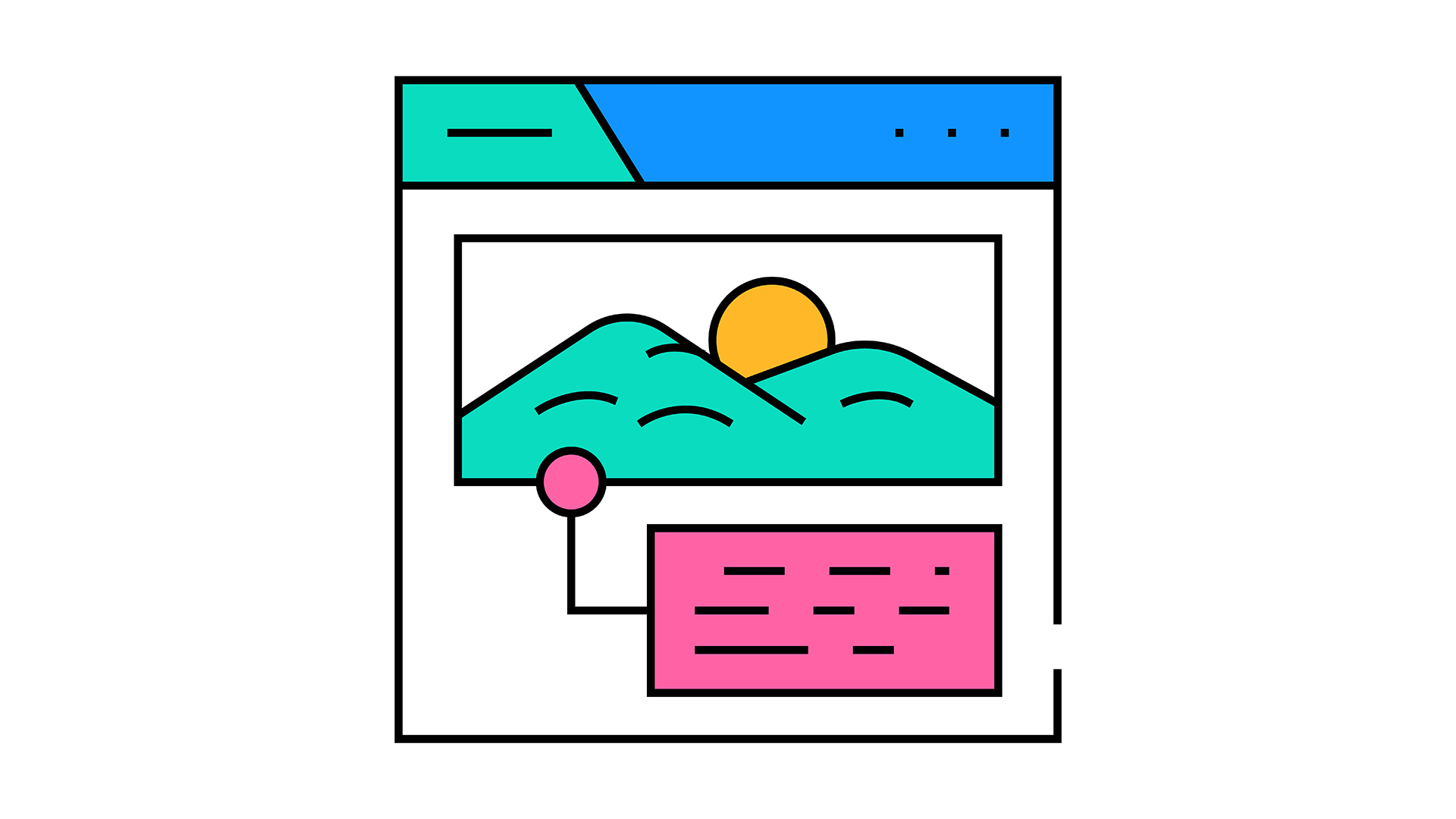 An illustration showing an abstract, bright, simplified user interface in which an image is tagged with alt-text, to represent Web Content Accessibility Guidelines (WCAG).