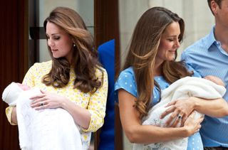 Kate Middleton holding Princess Charlotte outside the Lindo Wing and also holding Prince George when he was born there