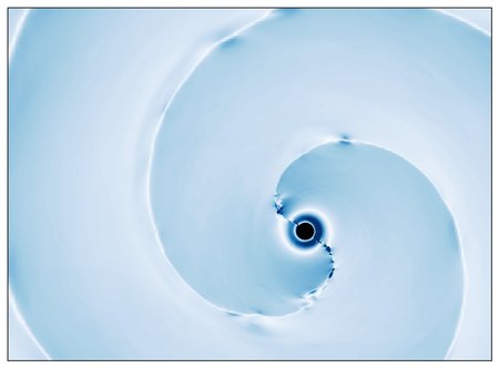 A blue screen with a swirl and a black circle at the center.