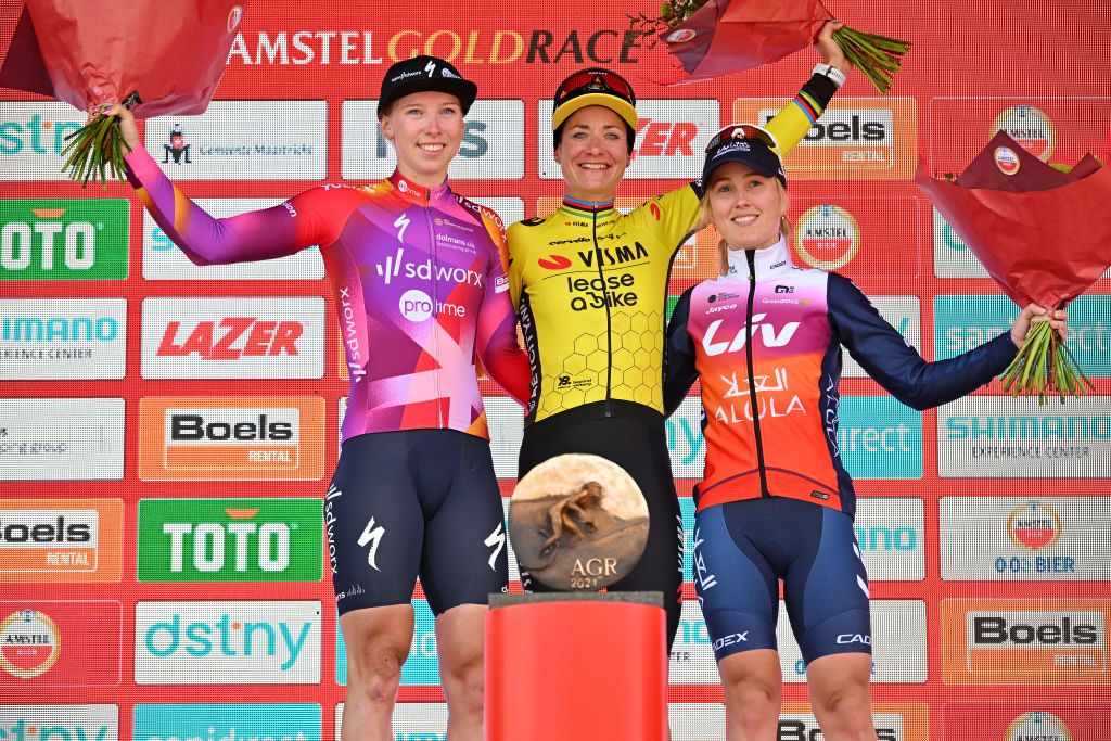 2024 Amstel Gold Race Ladies Edition podium (l-r): second place Lorena Wiebes (SD Worx-ProTime), winner Marianne Vos (Visma-Lease a Bike) and third place Ingvild G&amp;aring;skjenn (Liv AlUla Jayco)