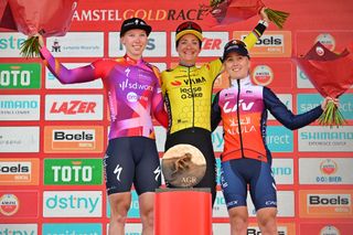 2024 Amstel Gold Race Ladies Edition podium (l-r): second place Lorena Wiebes (SD Worx-ProTime), winner Marianne Vos (Visma-Lease a Bike) and third place Ingvild Gåskjenn (Liv AlUla Jayco)