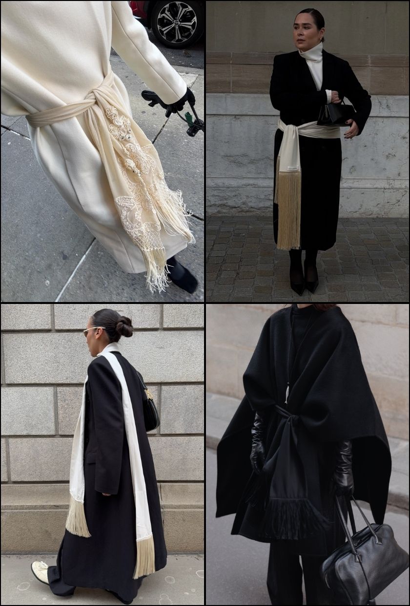 @christietyler wears a cream lace fringe scarf, @indiraci wears a cream satin fringe scarf, @ingridedvinsen wears a cream satin fringe scarf, @modedamour wears a black satin fringe scarf