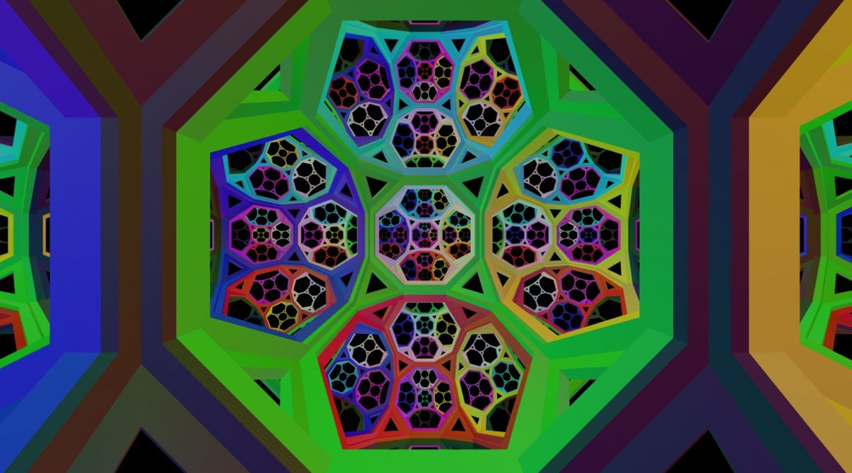 The researchers built a VR landscape that followed the rules of hyperbolic geometry. Here, a screengrab of one of these non-Euclidean worlds in the research group&#039;s simulations.