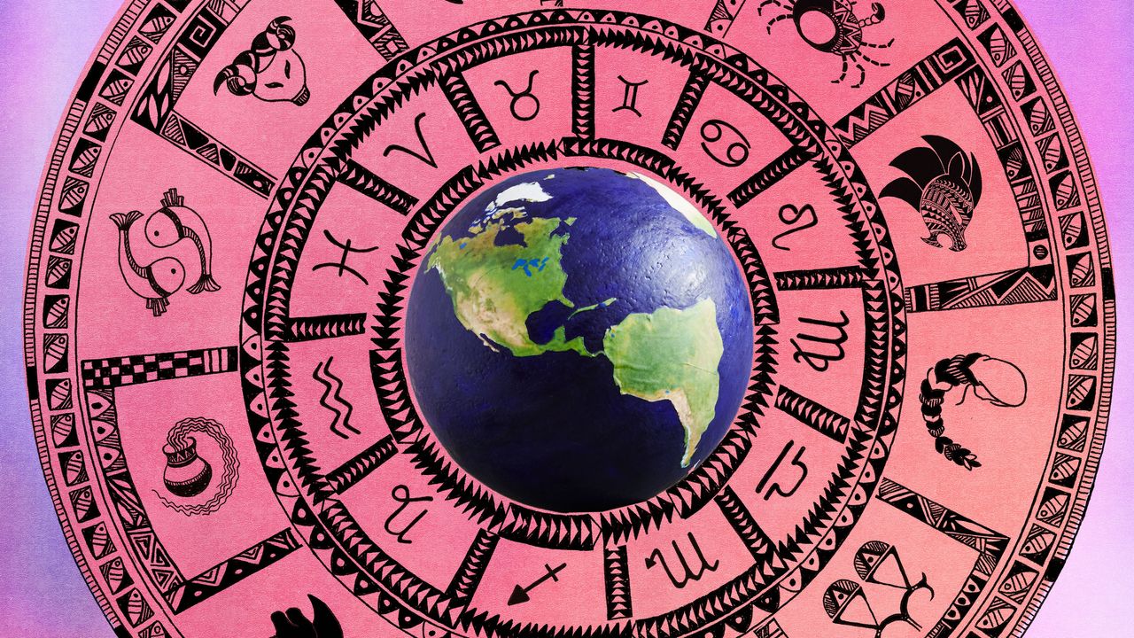 Image of globe inside pink astrology wheel with astrology signs and symbols