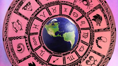 Image of globe inside pink astrology wheel with astrology signs and symbols
