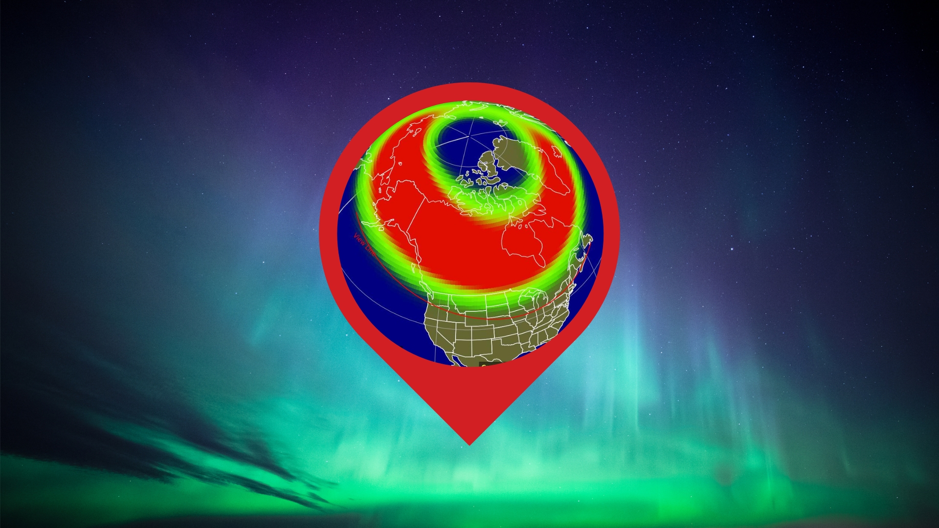 a graphic showing the aurora forecast for tonight across 18 US states in a location marker icon in the center and a stunning northern lights display as the background image.