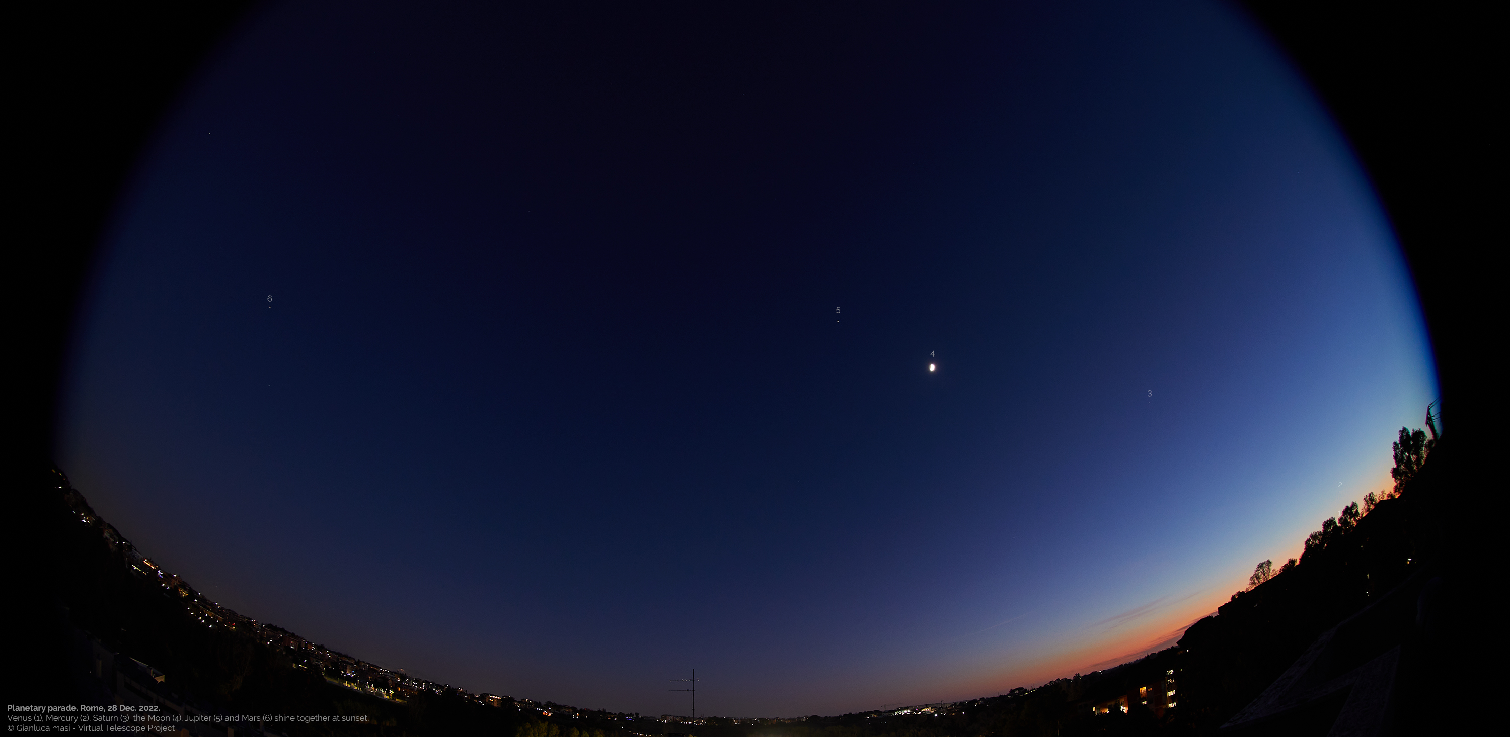 A photograph showing the moon, Saturn, Jupiter, Venus, Mercury and Mars taken on Dec.  28, 2022 in Rome, Italy.