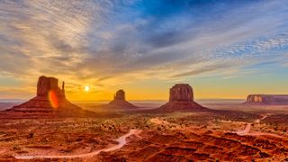 The mittens geologic feature in Monument Valley tribal park in Arizona at sunrise