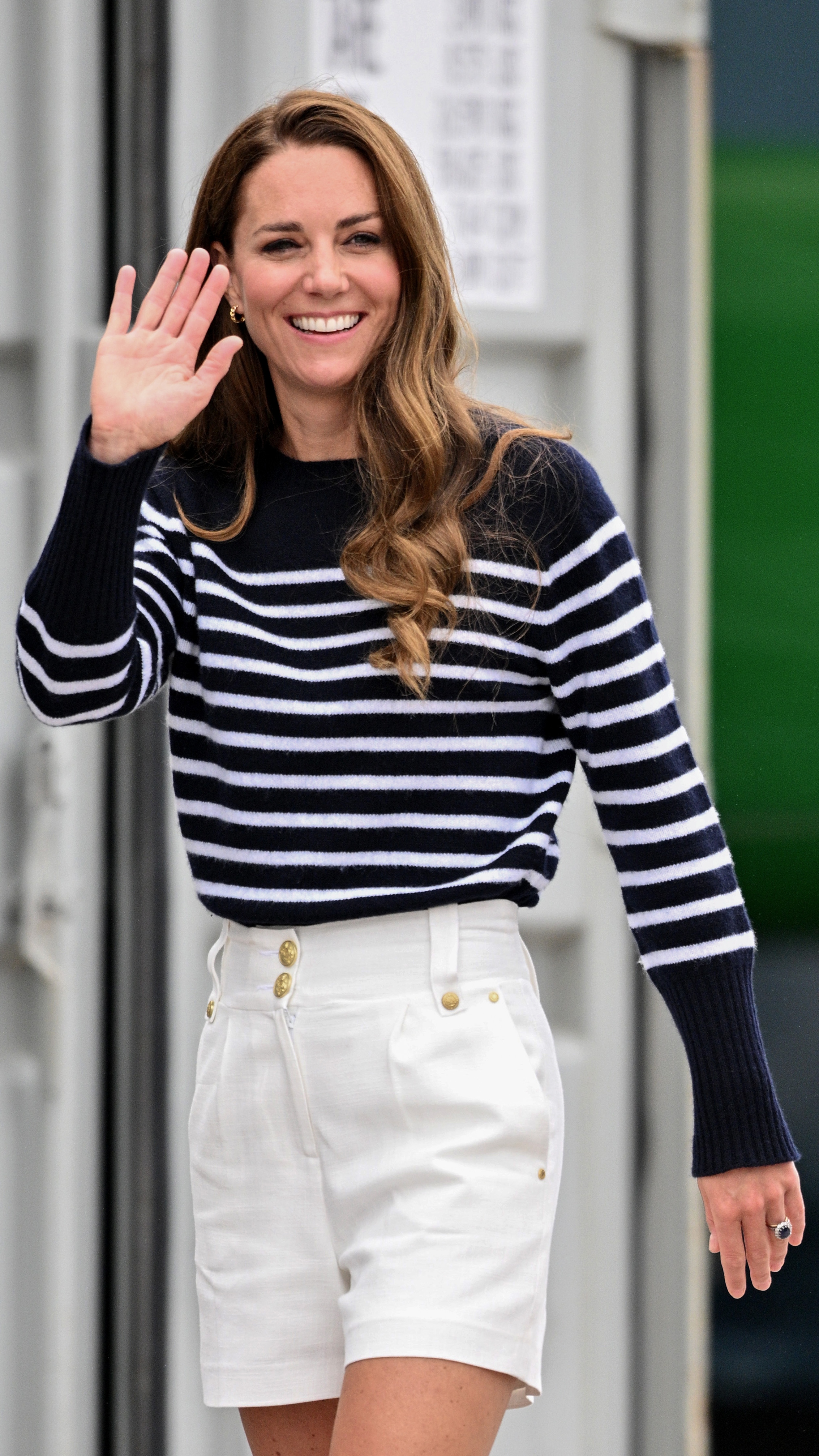 Catherine, Princess of Wales waves during her visit to the 1851 Trust and the Great Britain SailGP Team on July 31, 2022