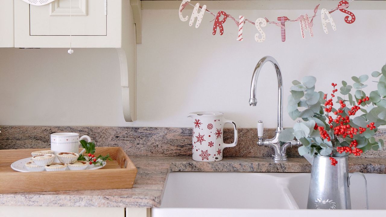 picture of a sink with christmas decorations surrounding it to support advice on Christmas foods you should never pour down the drain 