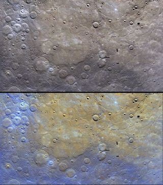 These image of Mercury by NASA's Messenger probe show the distinctive color of the planet's northern plains and their surrounding terrain. 