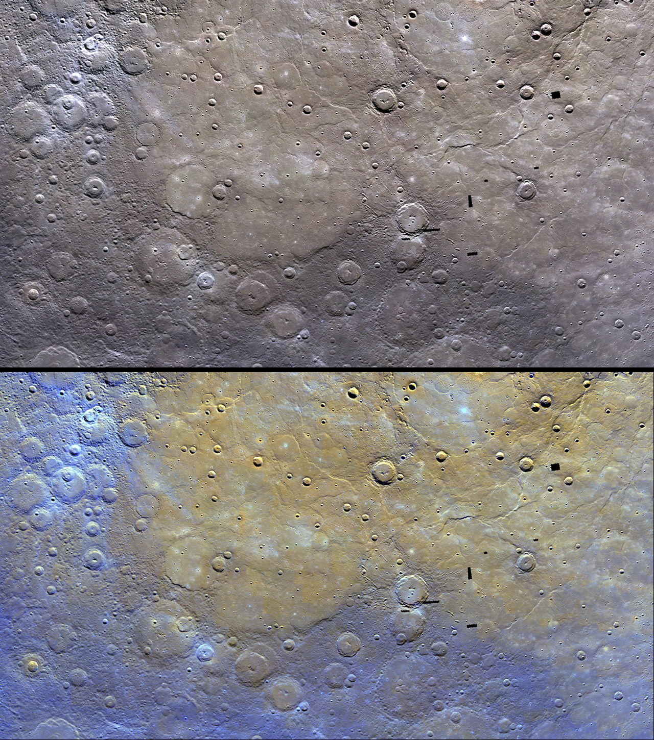 These image of Mercury by NASA&#039;s Messenger probe show the distinctive color of the planet&#039;s northern plains and their surrounding terrain. 