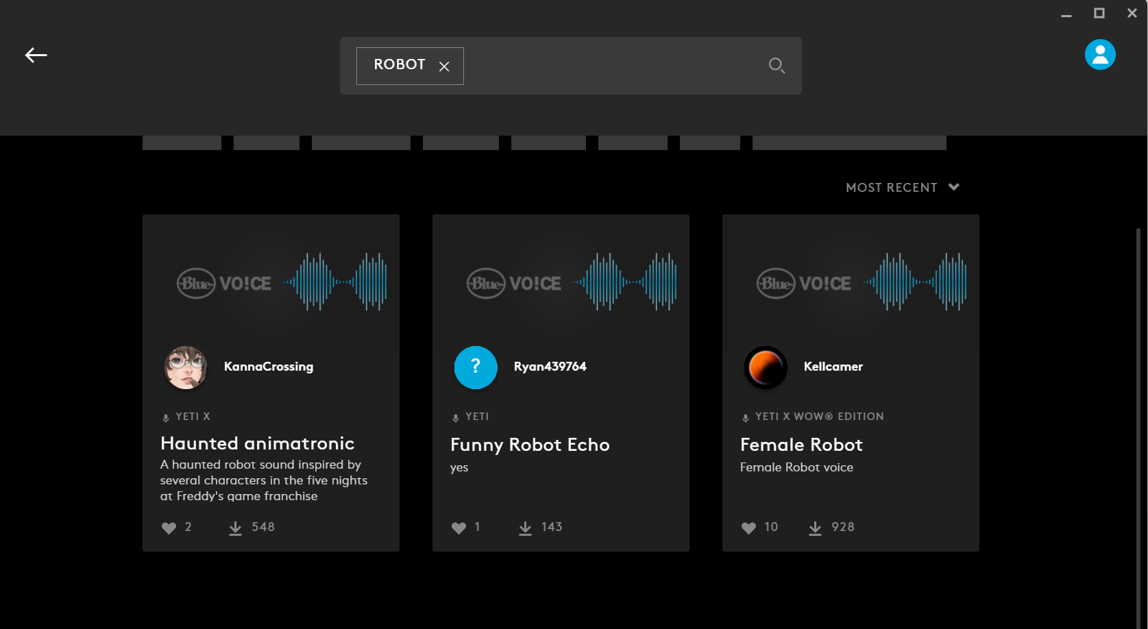 Shot of user created voice profiles on BLUE VOICE