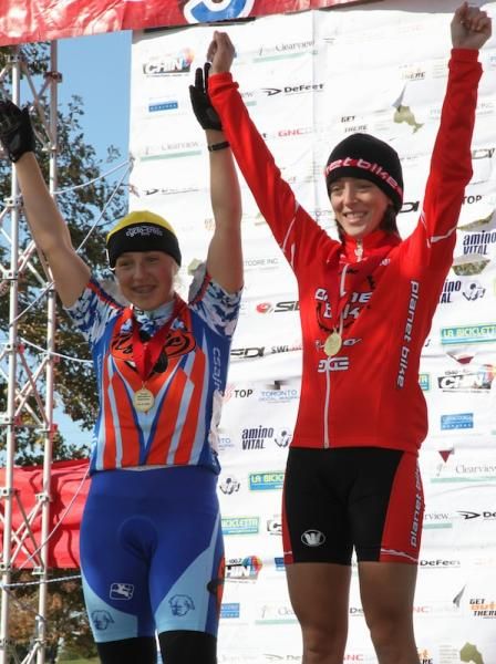 The junoir women's podium (l-r): Emily Fisher (Cycle Solutions/Angry Johnny's) 2nd, Kaitlin Antonneau (Planet Bike) 1st