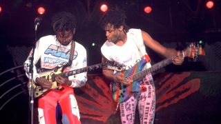 Vernon Reid and Muzz Skillings of Living Colour performing at Arrowhead Stadium in Kansas City, Missouri, October 8, 1989.