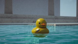 A toy duck with a knife floats in a pool