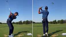 Tiger Woods hits a wedge shot on the range