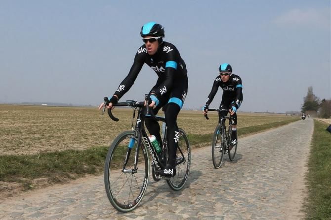 Sky's Mathew Hayman leads Luke Rowe along the cobbles