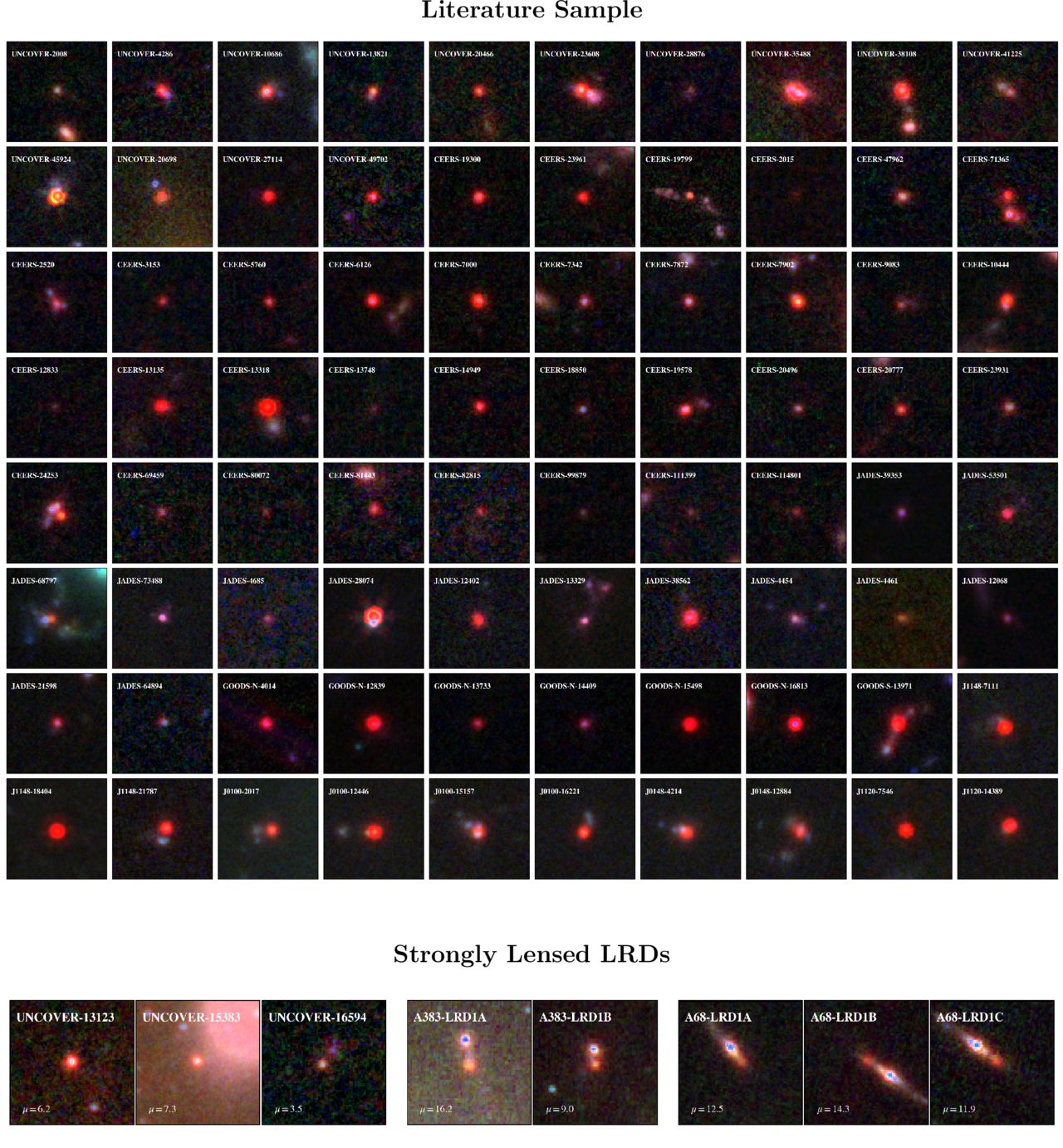 A series of small boxes showing red dots in deep space.