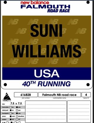 NASA astronaut Sunita Williams posted this photo of her race bib for the Falmouth Road Race on Twitter. Williams ran the 7-mile race on Aug. 12, 2012 aboard the International Space Station.