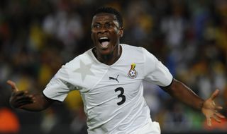 Asamoah Gyan celebrates after scoring for Ghana against Serbia at the 2010 World Cup.