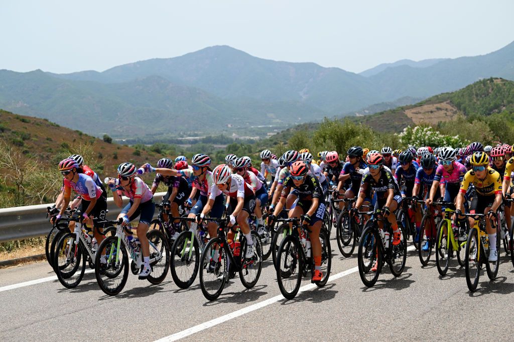TORTOLI ITALY JULY 01 LR Sofia Bertizzolo of Italy and UAE Team Adq Alena Amialiusik of Belarus and Team CanyonSram Racing Elise Chabbey of Switzerland and Team CanyonSram Racing Clara Koppenburg of Germany and Cofidis Fminin Team and the peloton compete during the 33rd Giro dItalia Donne 2022 Stage 2 a 1065km stage from Villasimius to Tortoli GiroDonne UCIWWT on July 01 2022 in Tortoli Italy Photo by Dario BelingheriGetty Images