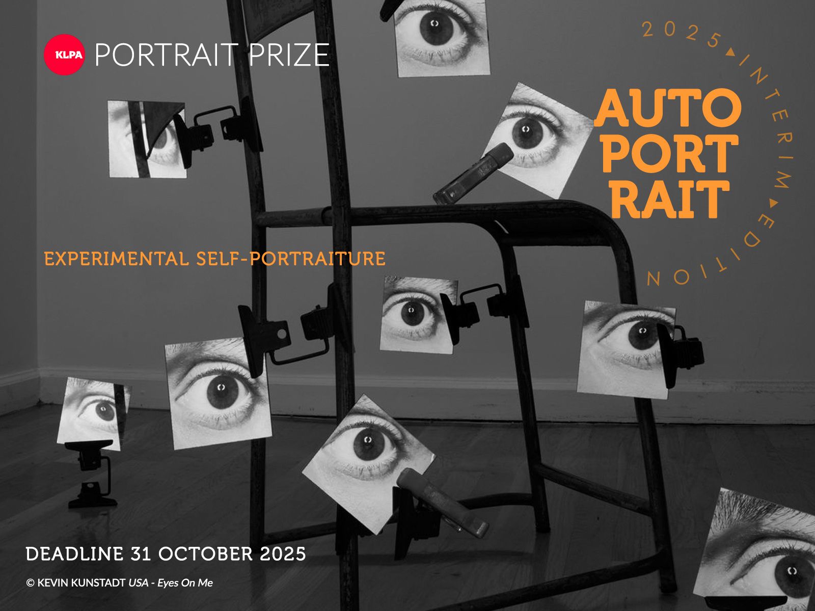 A creative display of eyes on photographs attached to a black chair, promoting the 2025 KLPA Portrait Prize for experimental self-portraiture