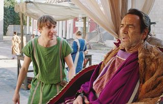 Tom with Robert on the Plebs set in Bulgaria