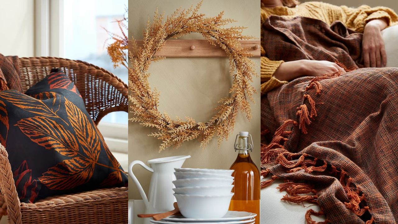 A three-panel image of IKEA HÖSTKVÄLL decor: a HÖSTKVÄLL cushion cover; a HÖSTKVÄLL wreath; a HÖSTKVÄLL throw