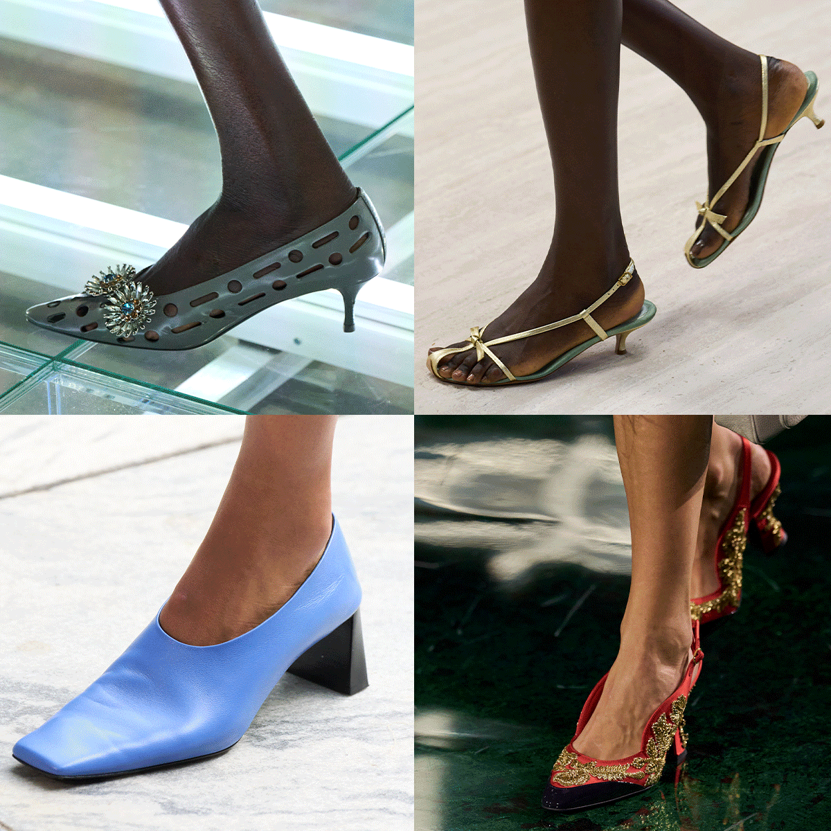 a collage of detail and full look runway images from the spring/summer 2027 collections featuring the major shoe trends 