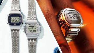 Two Casio ABL-100WE watches on a white background next to the Casio CRW-H001 smart ring on a finger