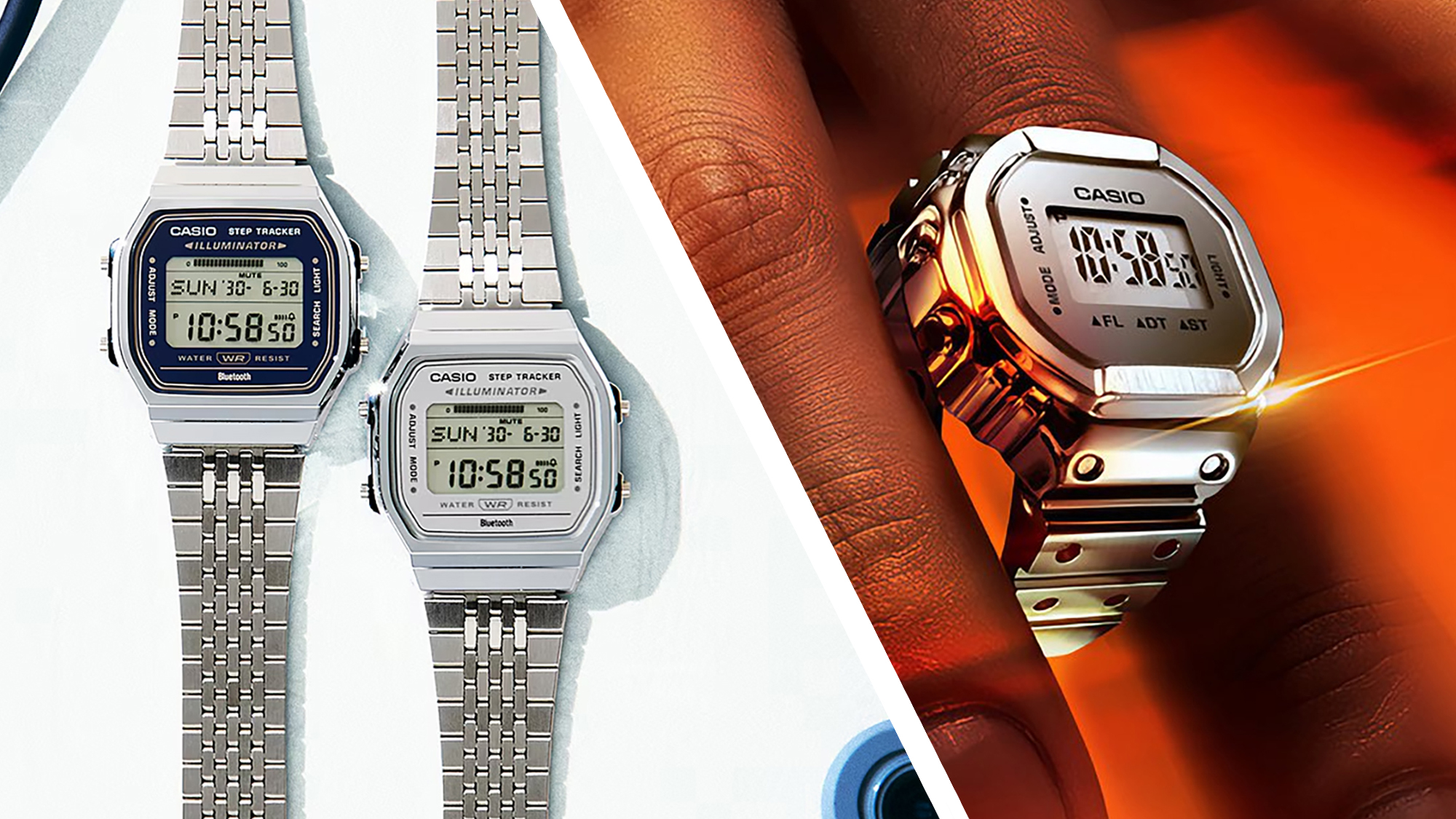 Two Casio ABL-100WE watches on a white background next to the Casio CRW-H001 smart ring on a finger