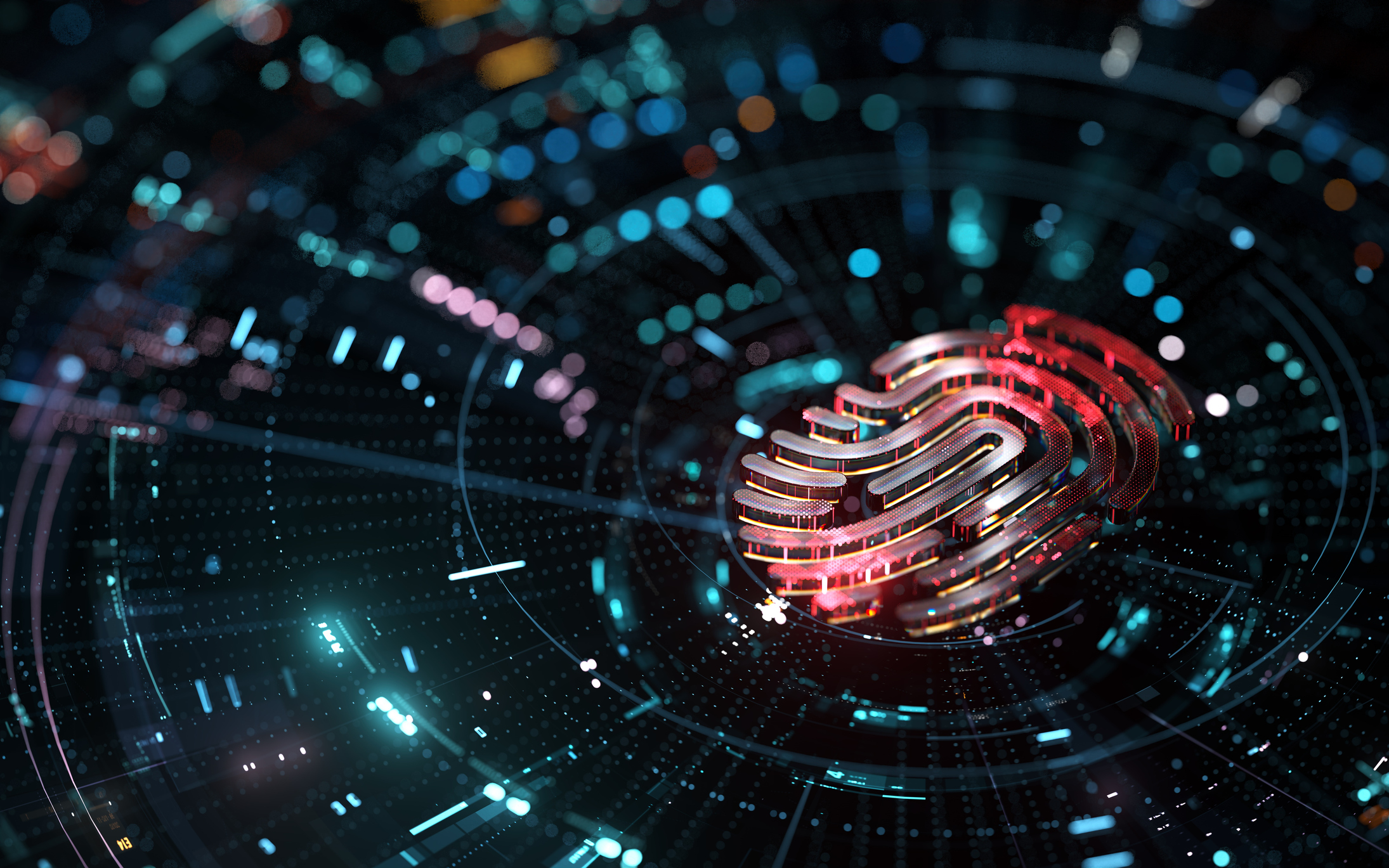 A 3D digital fingerprint surrounded by concentric circles and light clusters on a dark background.