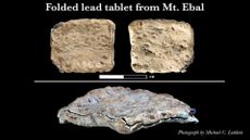 Photograph of curse tablet in light colored stone, in the shaped of a rough square. Photograph of the front, back and side.