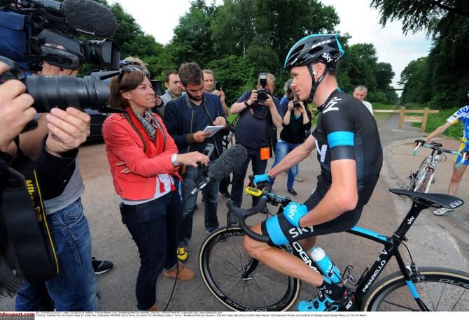 Chris Froome (Team Sky) takes questions from the local press