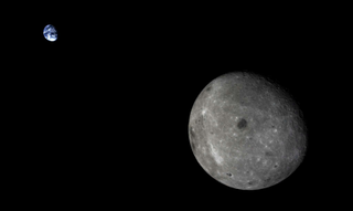 The far side of the moon and distant Earth, as imaged by an experimental Chinese spacecraft called Chang'e-5 T1 in 2014.