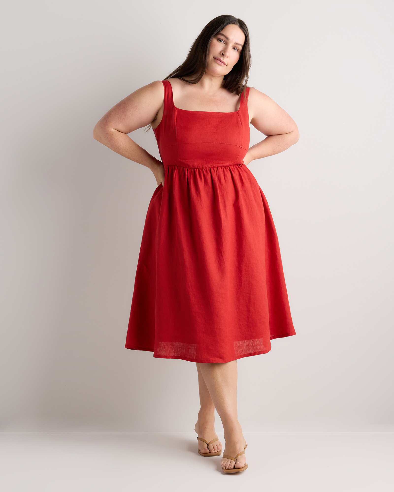 100% European Linen Fit & Flare Midi Dress in Chile