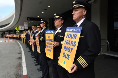 United Airlines pilots picketing at San Francisco International Airport.