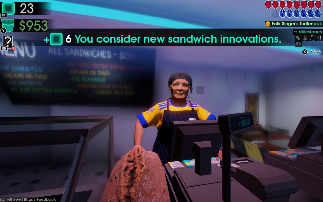 Moves of the Diamond Hand experience points awarded for "considering new sandwich innovations"