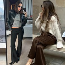fashion collage of Hailey Bieber posing for a mirror selfie in a black leather jacket, gray tee, black flared pants and Reformation Inez pumps along with style influencer Olivia Faeh posing on a bench in Z&uuml;rich, Switzerland wearing a cream sweater, brown satin pants, and a brown Demellier bag