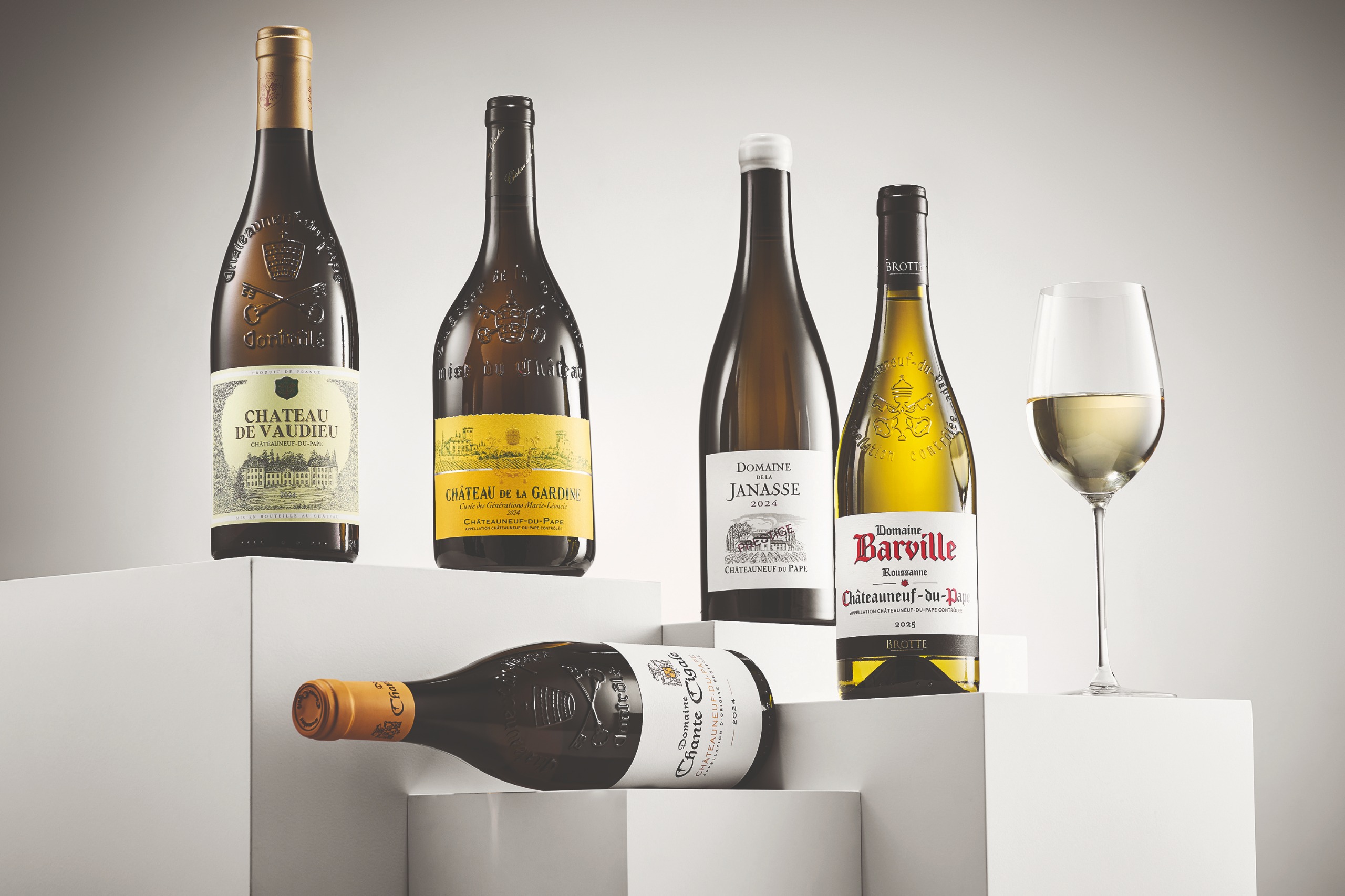 five bottles and one glass of wine