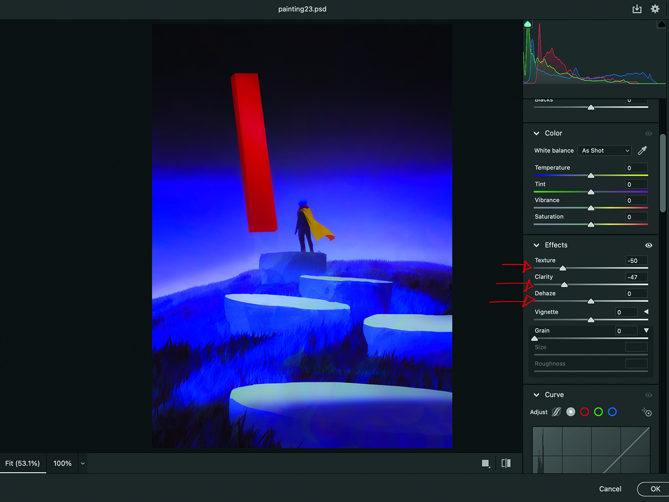 Part of the process of making digital art in Photoshop. The artwork shows a lone figure in a surreal dreamscape