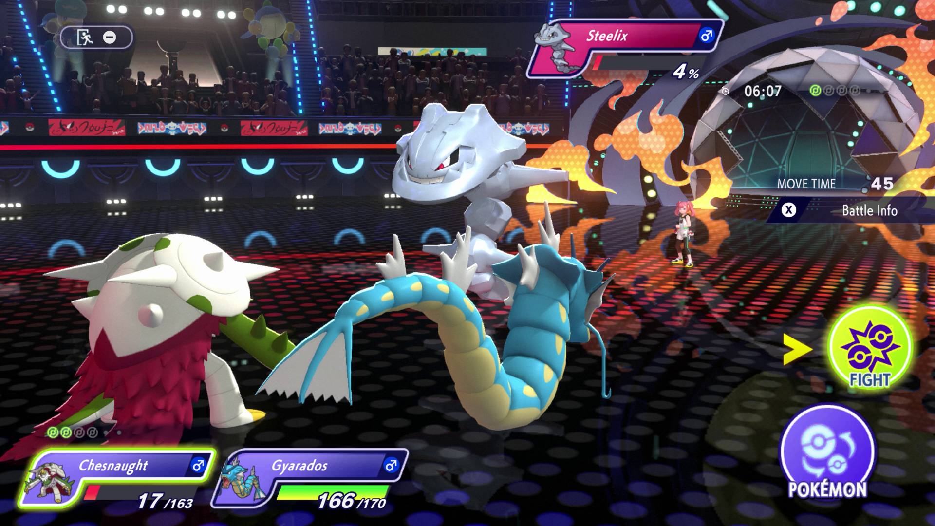 A battle between Mega Chesnaught, a Gyarados, and Steelix in Pokemon Champions.